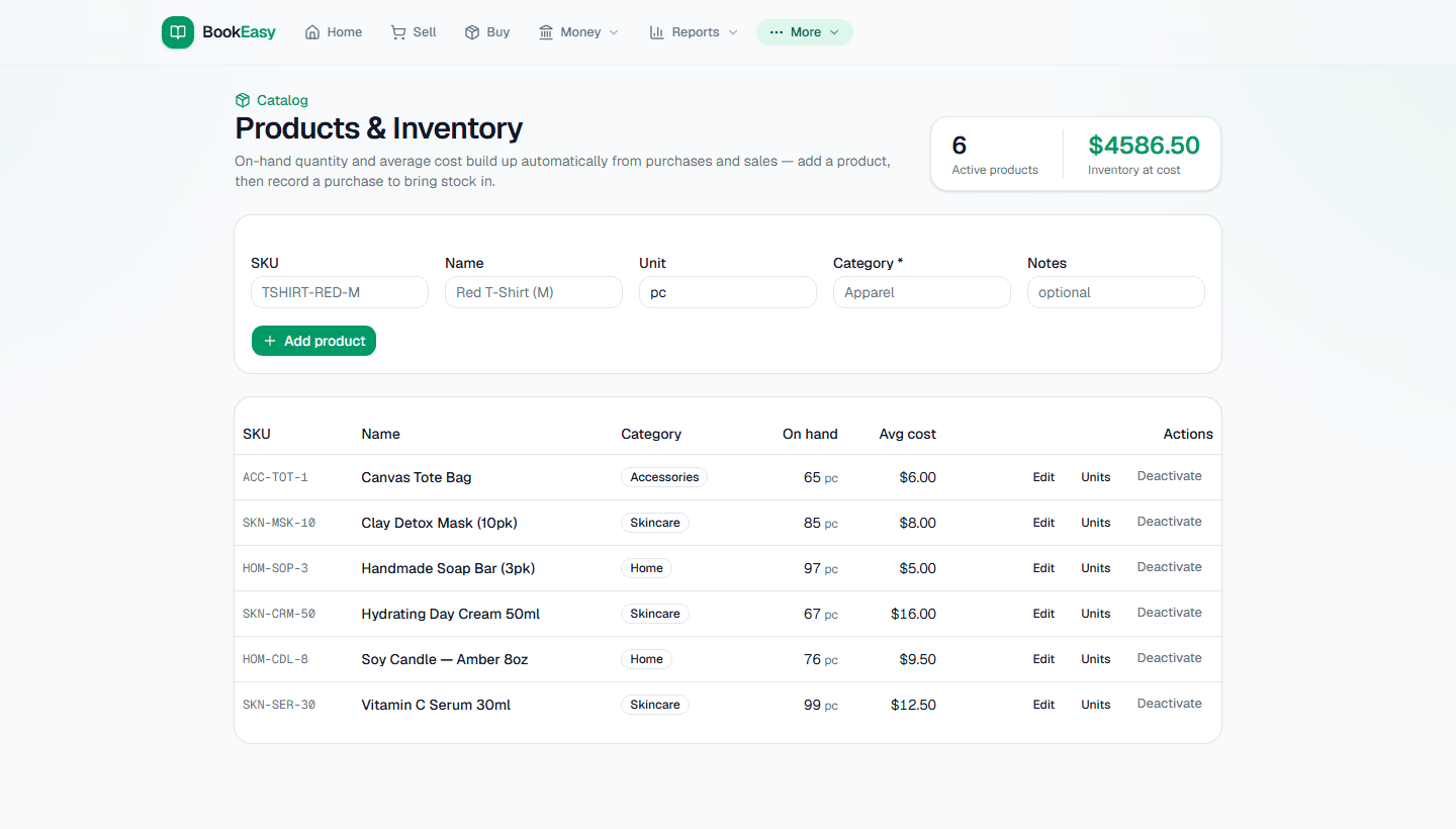 Products & Inventory catalog with SKU, on-hand quantity, and average cost that build up automatically