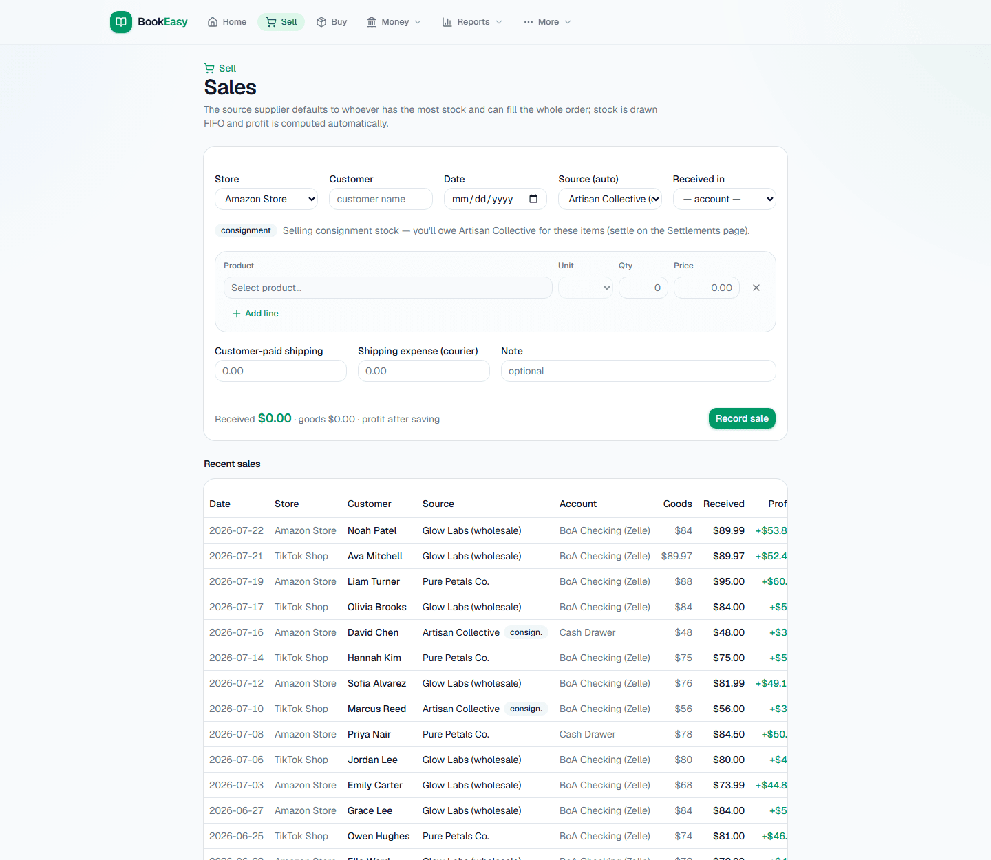 Sales form with store selector, customer, auto-selected source supplier, and a live recent-sales list across both stores