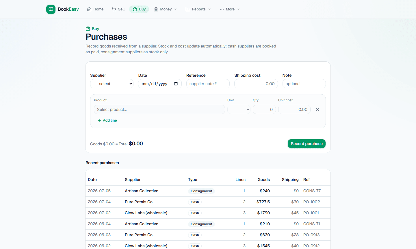 Purchases form and recent-purchases list showing cash vs consignment supplier types
