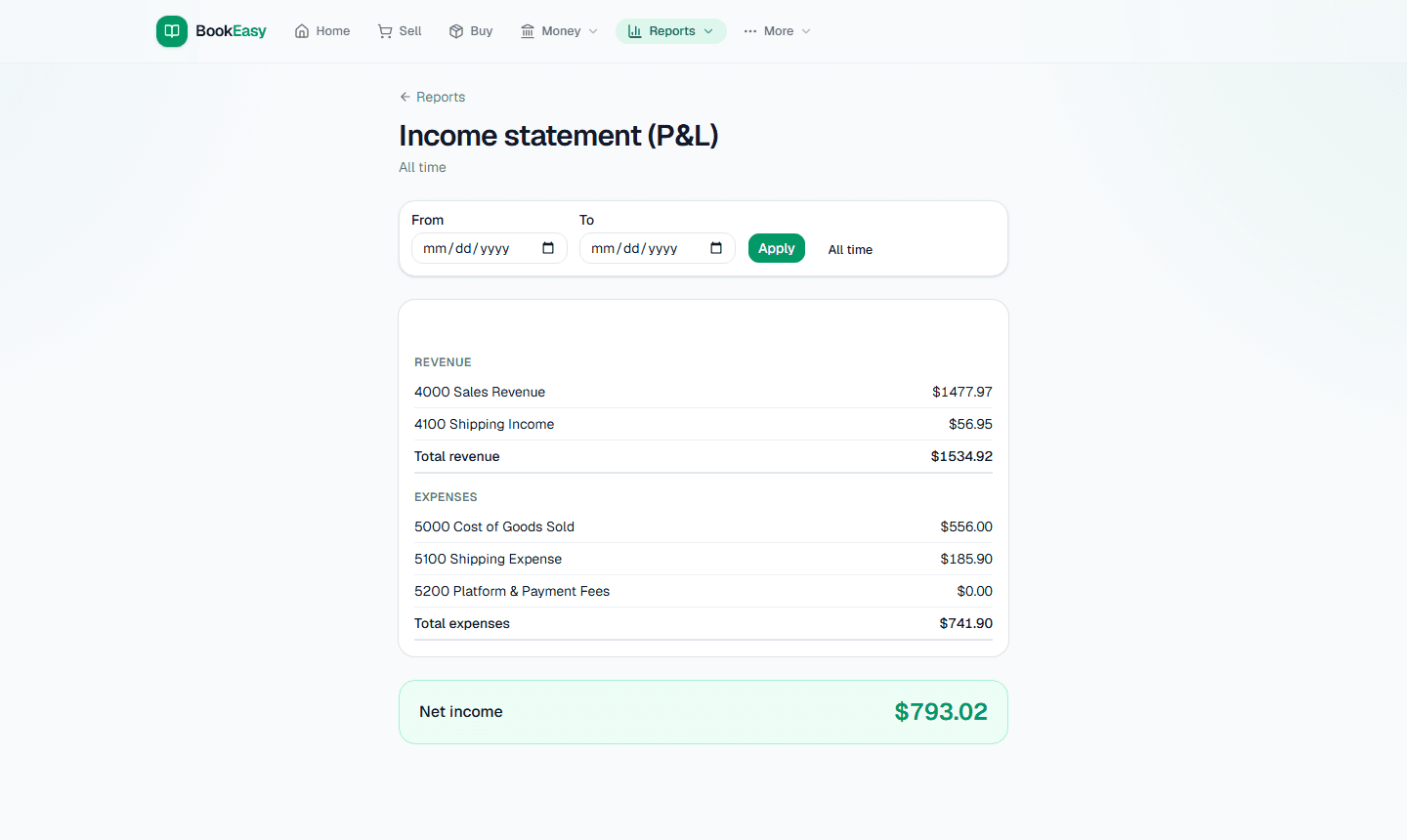 Income statement (P&L): revenue, shipping income, COGS, and expenses netting to net income