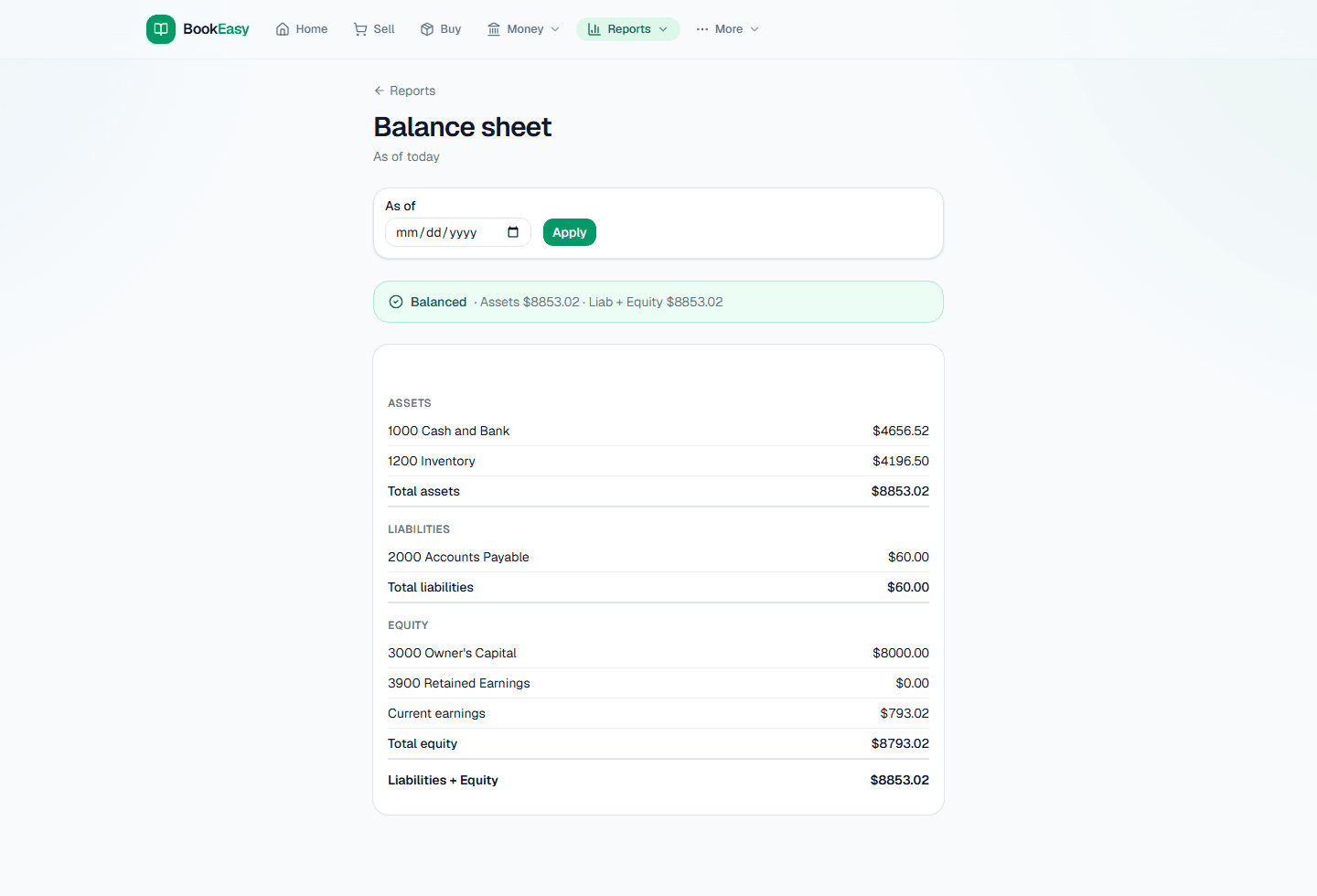 Balance sheet with a green Balanced banner confirming Assets = Liabilities + Equity