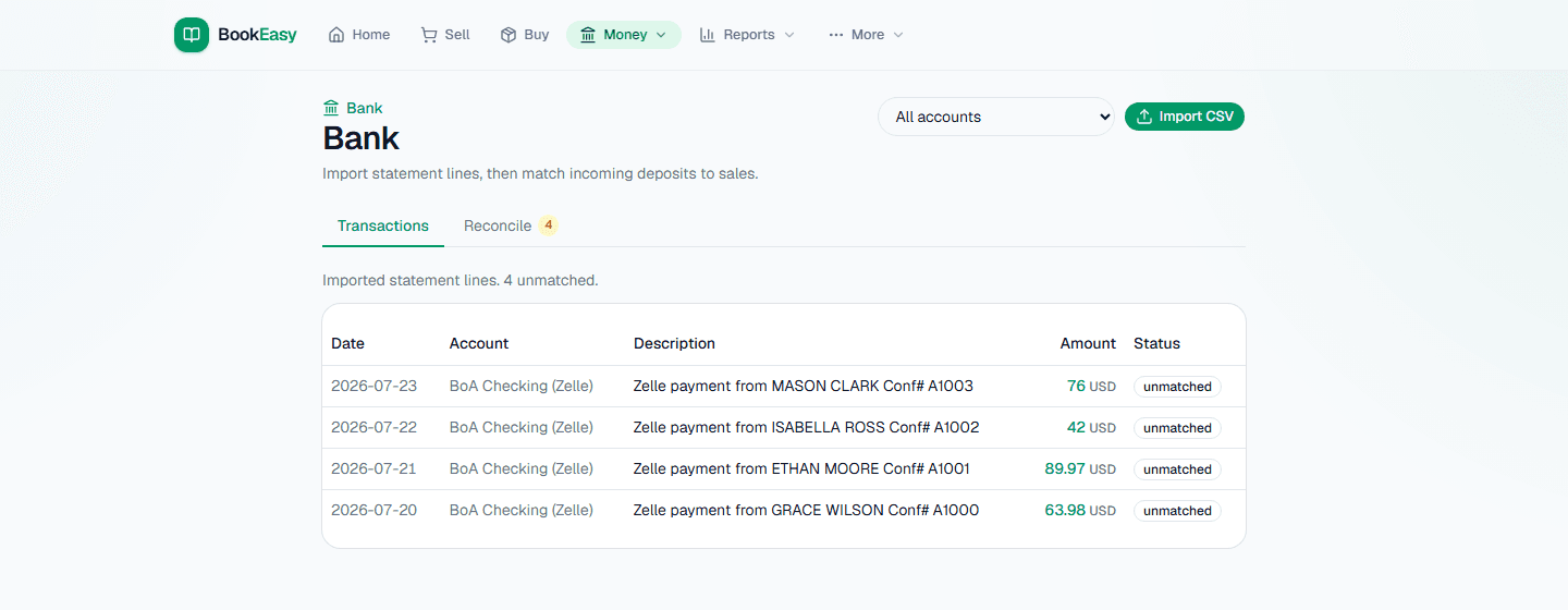 Bank workspace, Transactions tab: imported statement lines with unmatched / matched / ignored status badges
