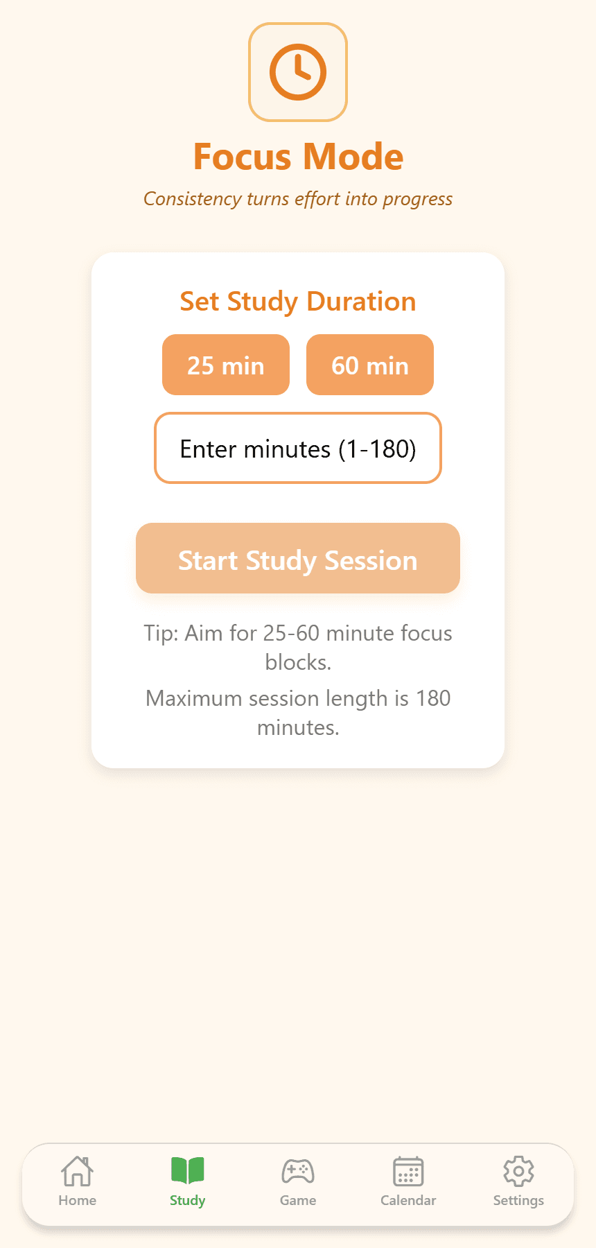 Focus Mode screen with 25 / 60 minute presets, a custom-minutes field, and a Start Study Session button