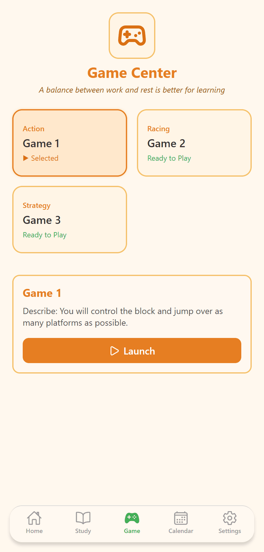 Game Center with three selectable mini-game cards (Action, Racing, Strategy) and a Launch button
