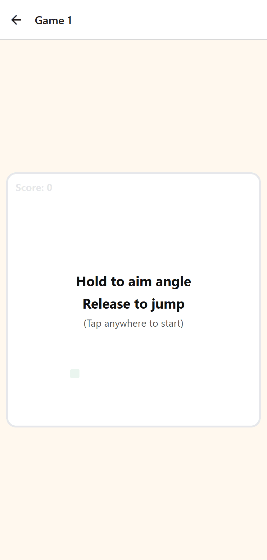 A physics jumping mini-game rendered in-app: hold to aim angle, release to jump