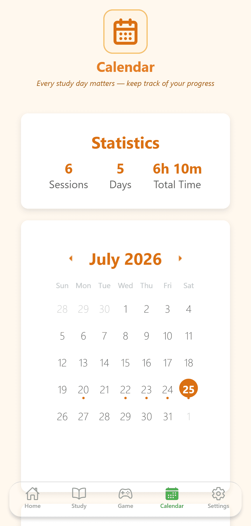Calendar tab showing lifetime stats and a July 2026 calendar with study days dotted and today highlighted