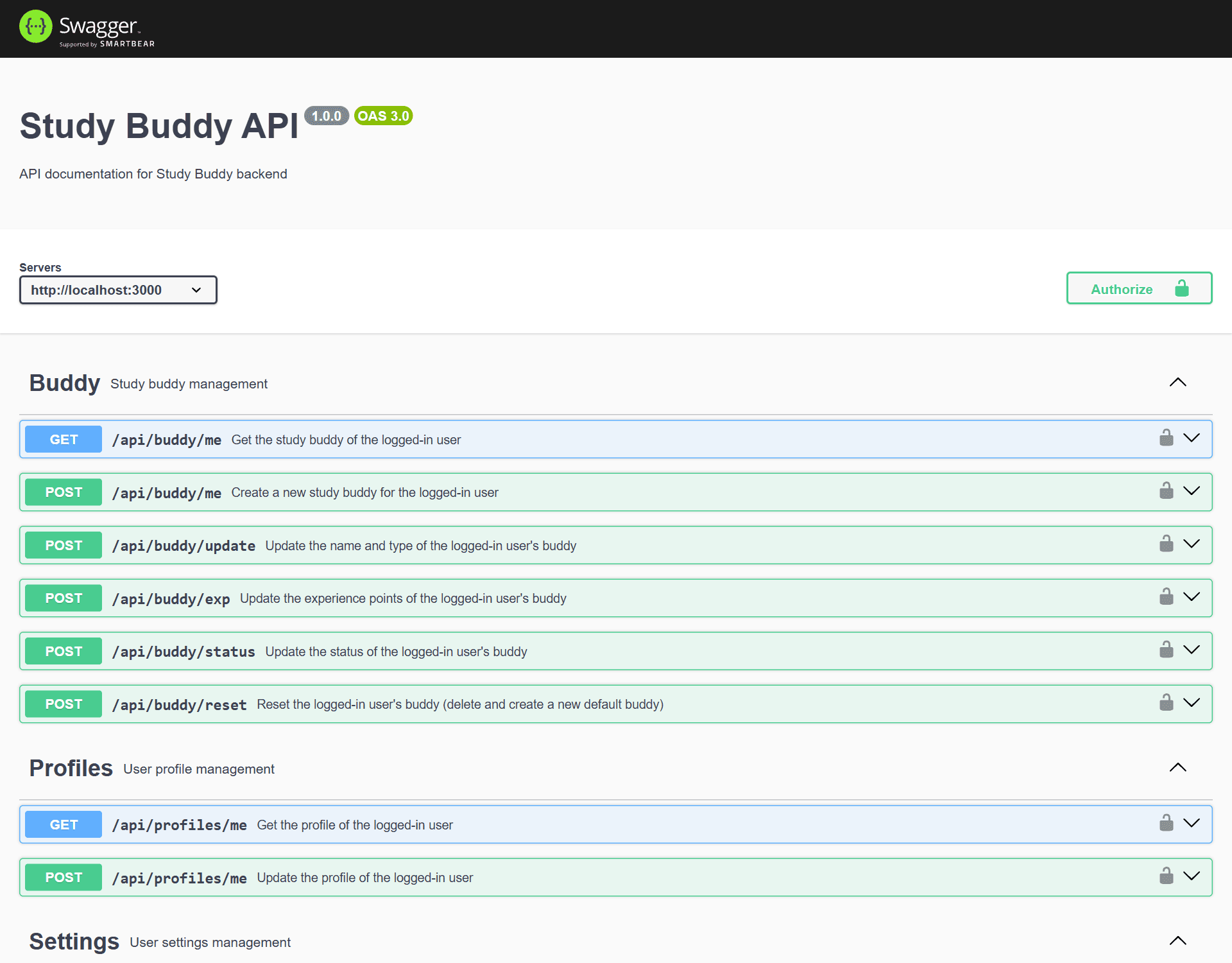 Swagger UI for the Study Buddy API showing grouped Buddy, Profiles, and Settings endpoints under the OpenAPI 3.0 spec